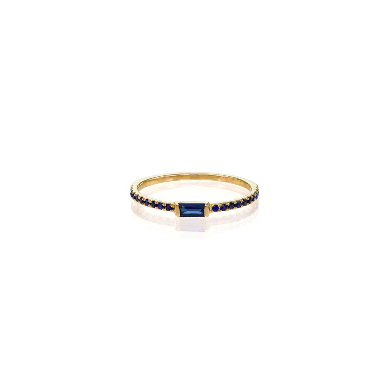 Sapphire baguette ring with 5mm royal blue center and pavé sapphires on 14k gold band, rose, white or yellow gold