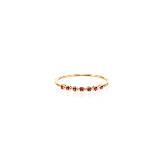14kt gold Seven Ruby Stackable Band, 1mm ring with seven 1pt rubies (0.07 ctw), in rose, white, or yellow gold