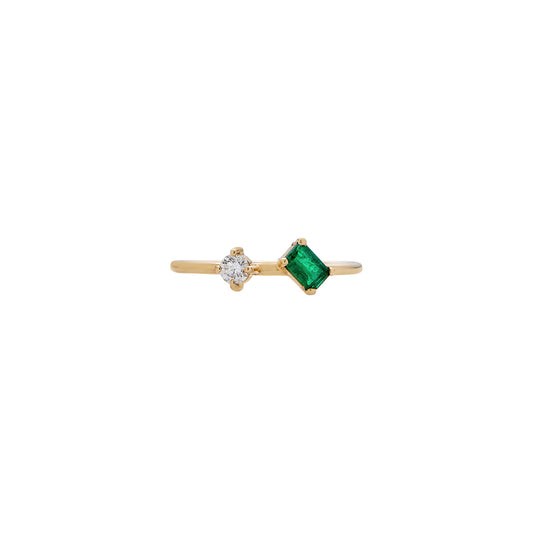 Phoenix Roze sideways emerald and diamond ring in 14k gold, prong set, available in yellow, white, or pink gold