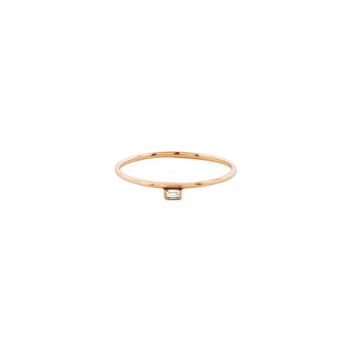 Single emerald cut diamond ring in 14k gold, sleek minimalist stacking band, on-trend style