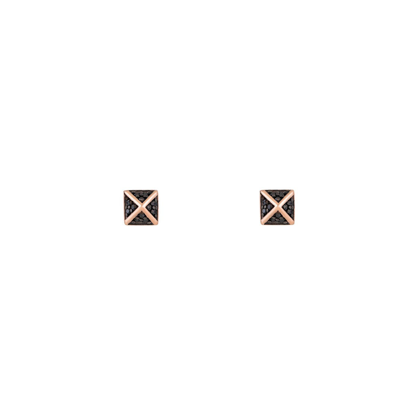 Small black diamond pyramid earrings in 14k yellow gold; pyramid symbol of balance and unity by Phoenix Roze