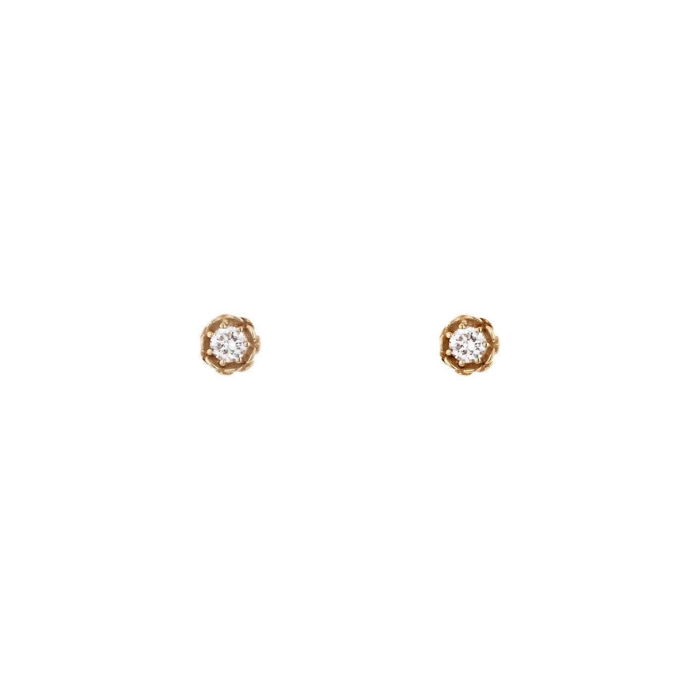 Small diamond lotus flower earrings in 14k yellow, white or rose gold with central white diamond, symbolizing purity