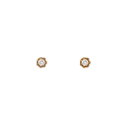 Small diamond lotus flower earrings in 14k yellow, white or rose gold with central white diamond, symbolizing purity