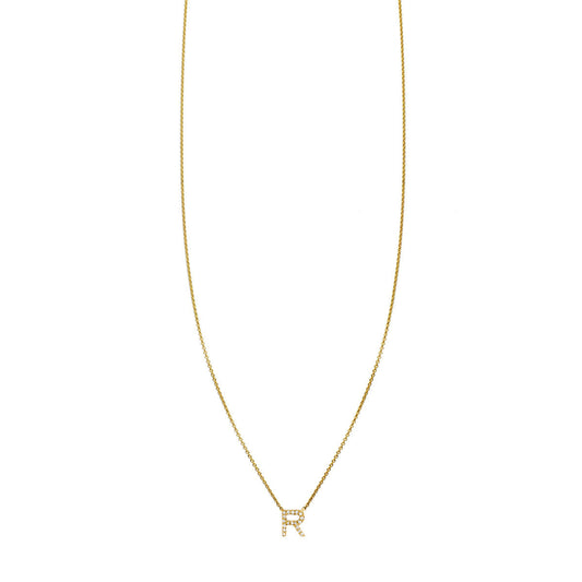 14K gold diamond initial necklace with pavé letter charm; choose your letter, custom chain, in yellow, white, or rose gold