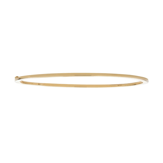 Solid 14k gold hinged bangle bracelet with sleek, gleaming finish, slender and stackable for effortless sophistication.