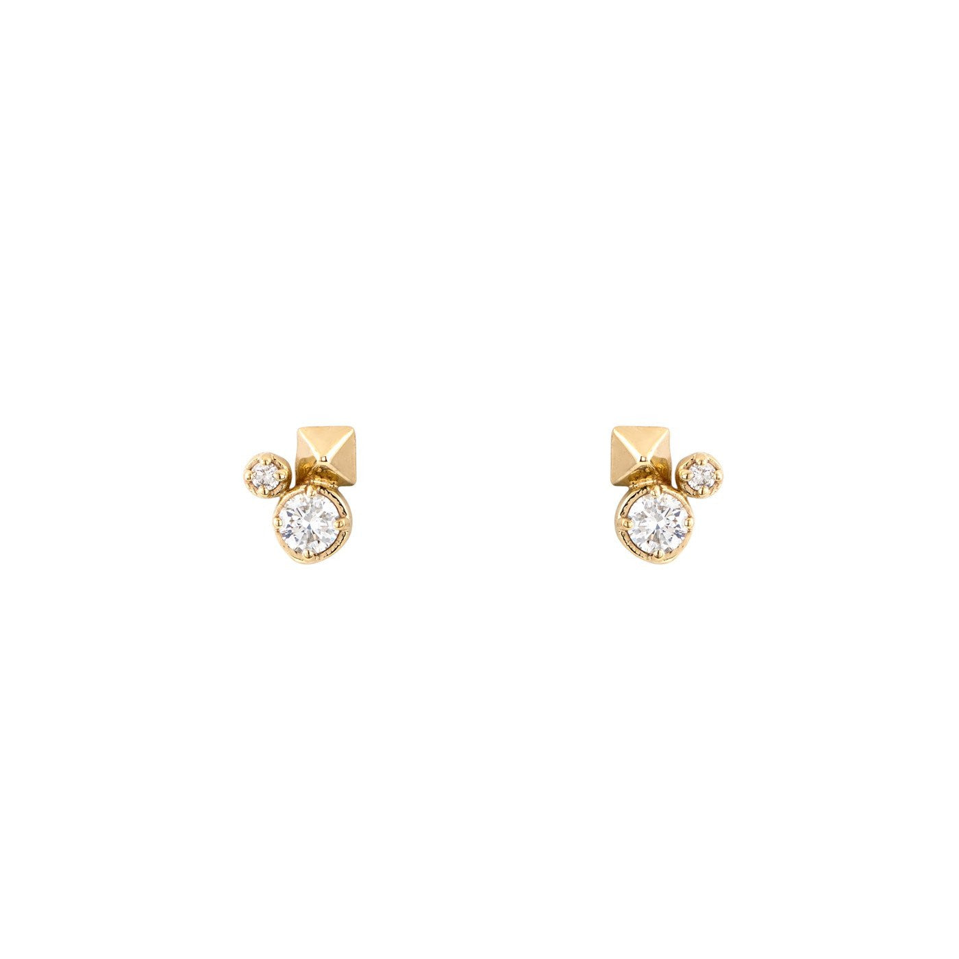 Pyramid and Diamond Stud Earrings in 14k yellow gold—edgy spike design with white diamonds