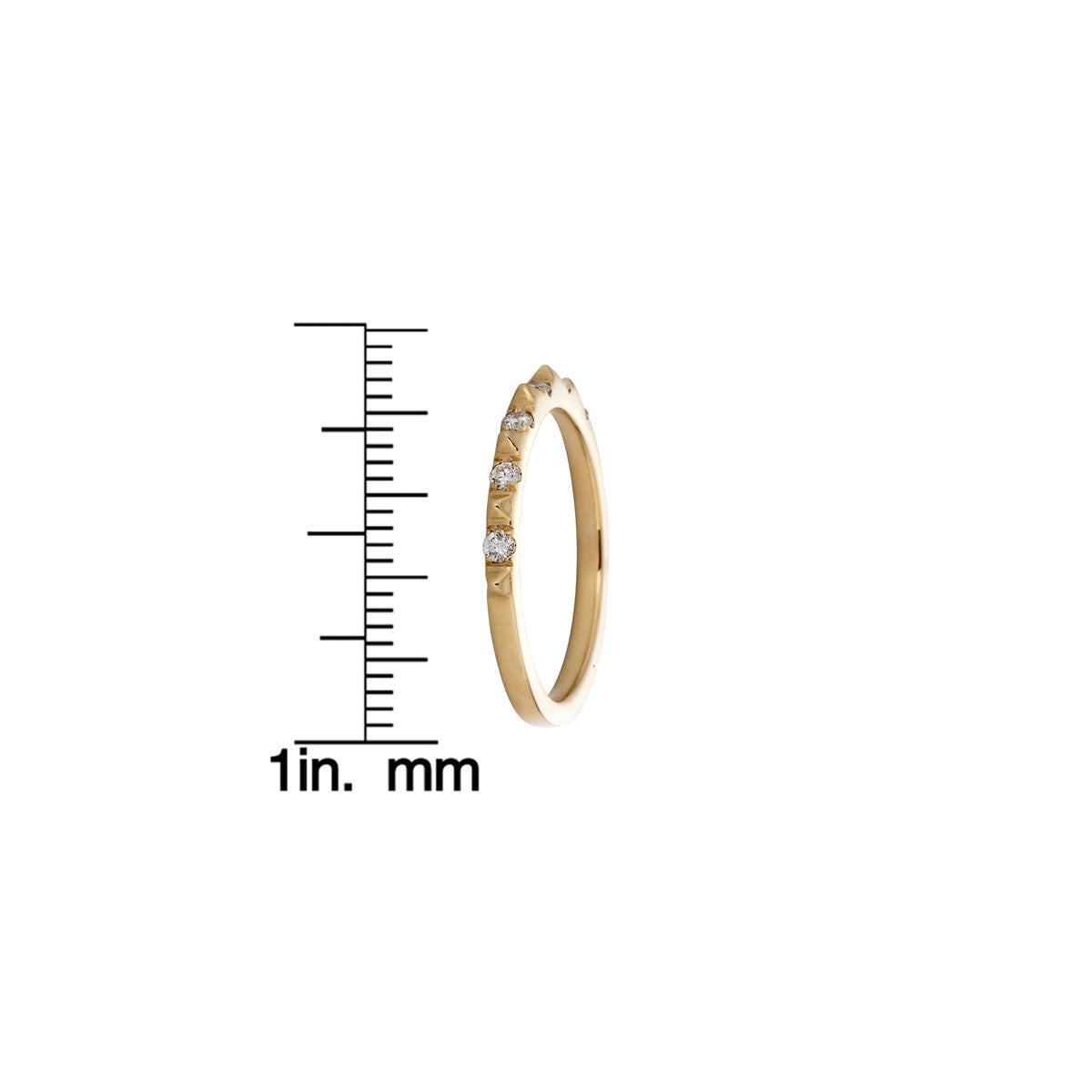 Phoenix Roze spikes diamond gold ring, side view with measurement scale for size detail