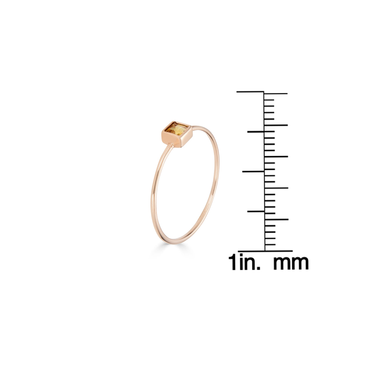 Side view of square-cut citrine ring shown to scale, yellow gemstone jewelry by Phoenix Roze