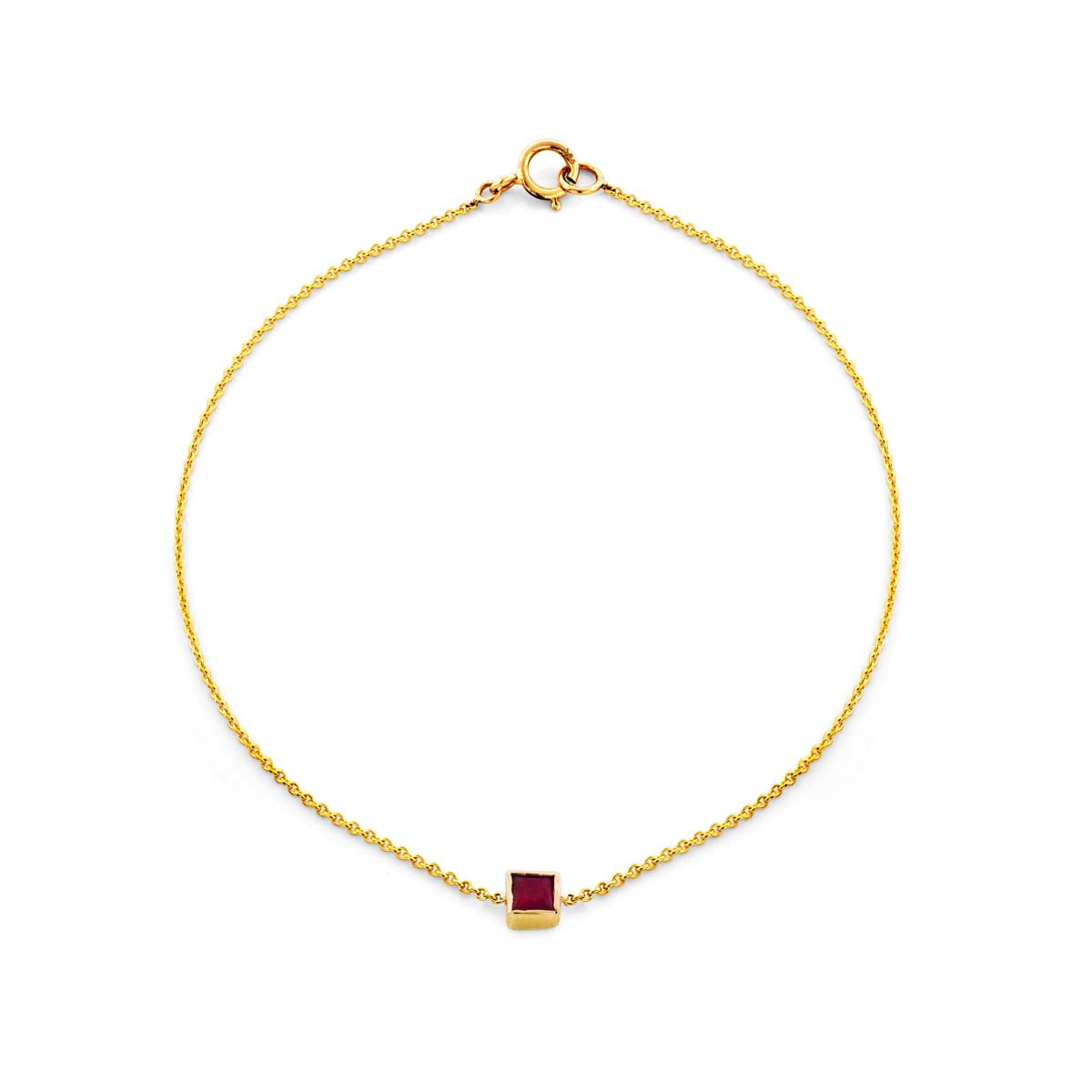 Square-cut ruby bracelet in solid 14k yellow gold, 2.5mm stone on delicate chain, handcrafted in NYC, 6.75in length