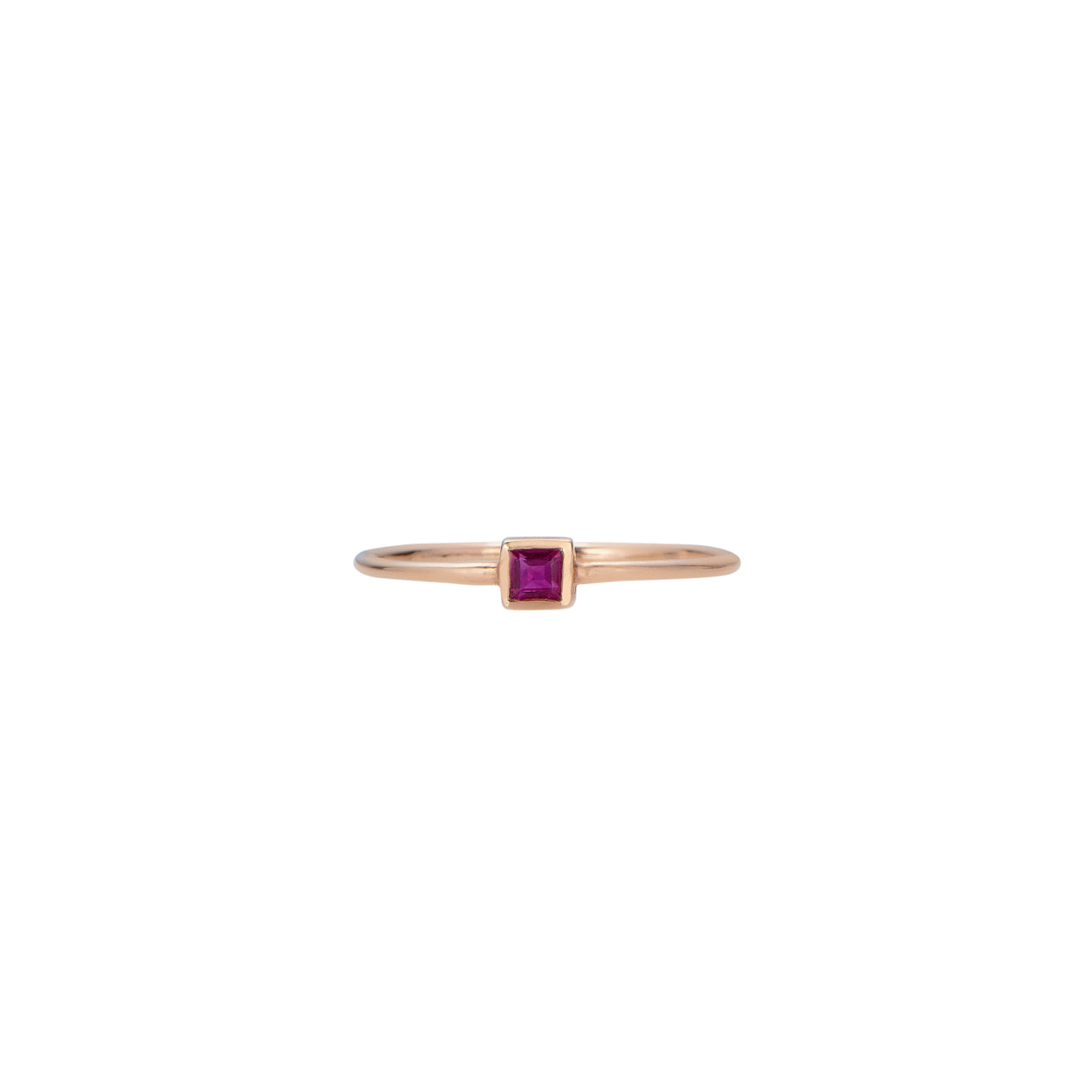 Square-cut ruby ring, bezel-set in solid gold; minimalist design available in yellow, white, or rose gold.