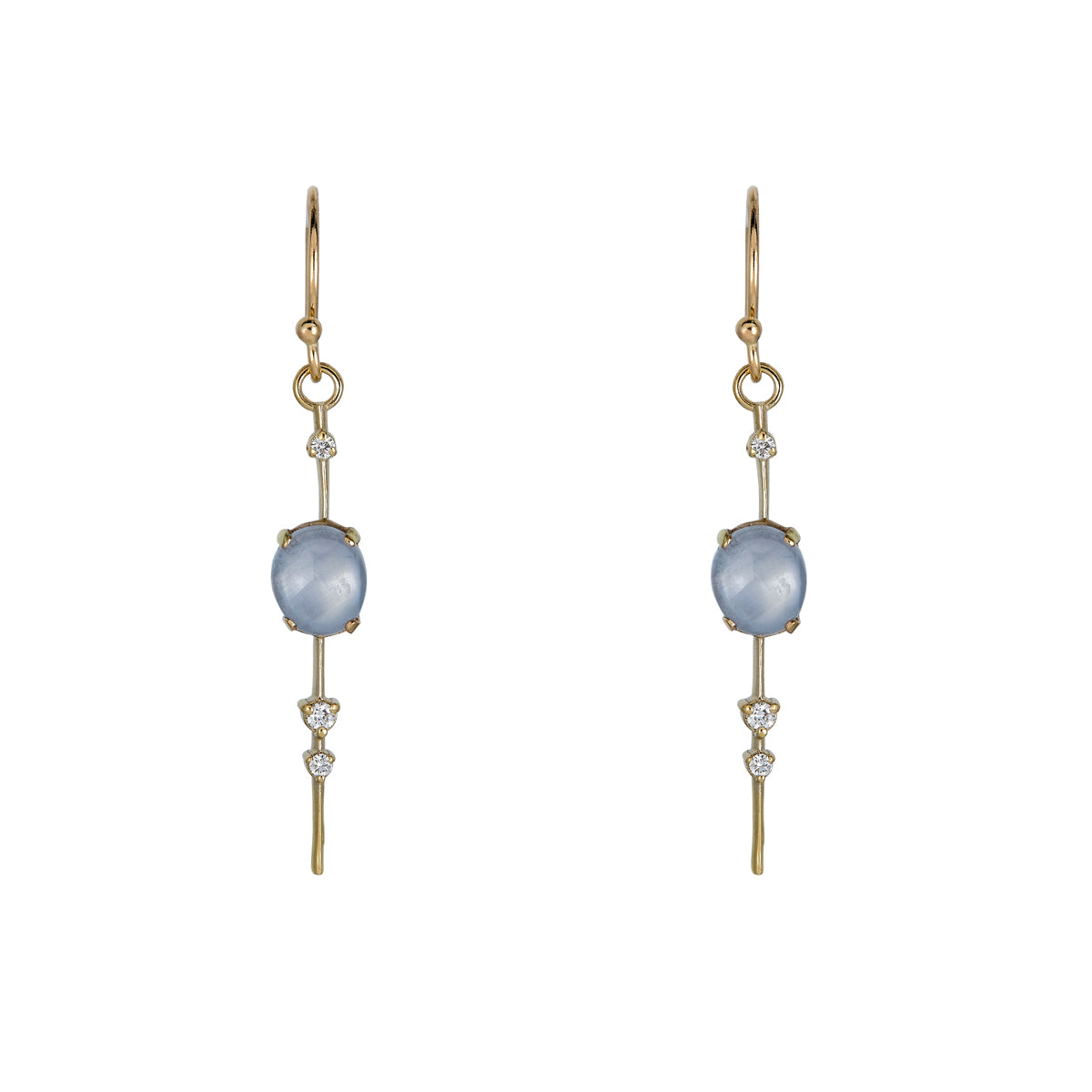 1 ct star sapphire and diamond pendulum earrings showing asterism, elegant drop design by Phoenix Roze