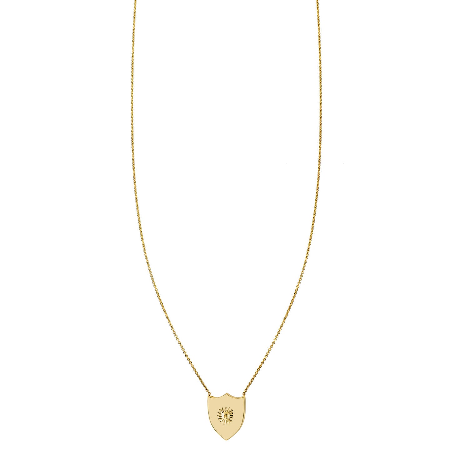 Sun Shield tiny charm necklace in 14k yellow gold, handmade in New York City with sunburst shield pendant radiating warmth