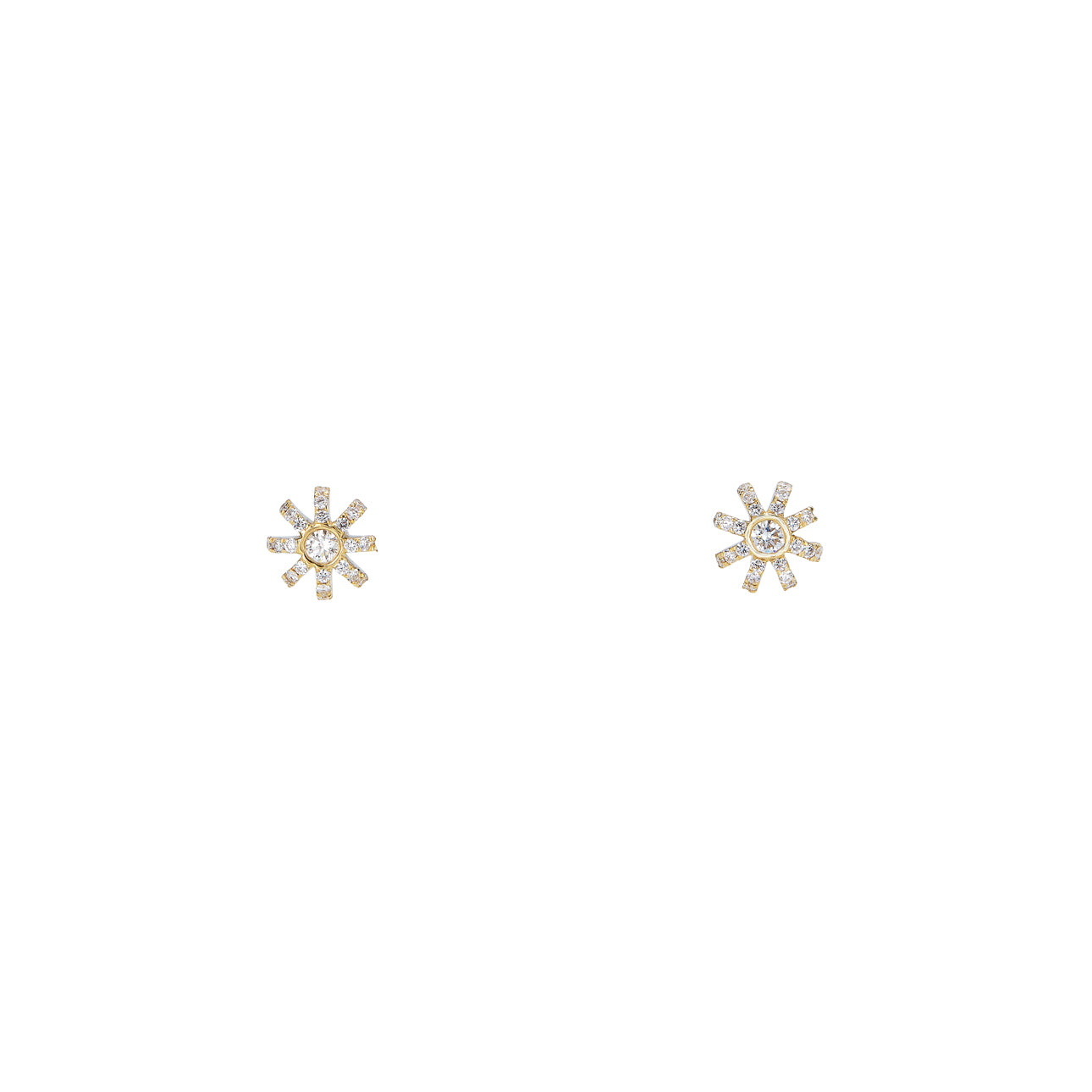 Diamond sunburst stud earrings with round center and pavé rays in 14k rose, white, or yellow gold