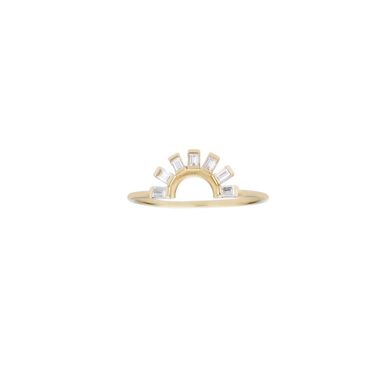 Sunrise baguette diamond ring with 7 white baguette diamond rays in 14k rose, white, or yellow gold