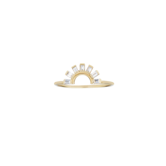 Sunrise baguette diamond ring with 7 white baguette diamond rays in 14k rose, white, or yellow gold