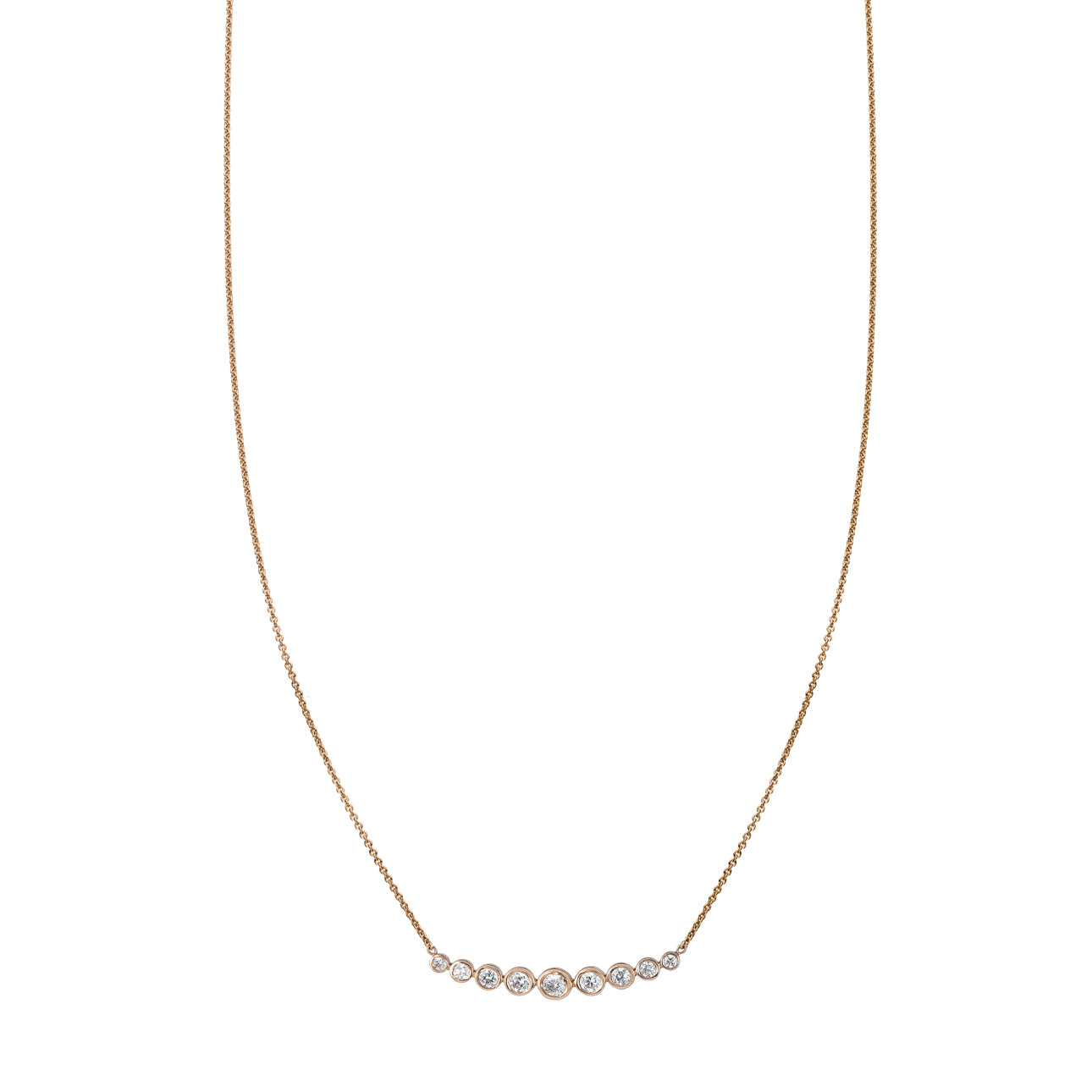 Tapered Diamond Arch Necklace with bezel-set diamonds of varying sizes in 14k white, rose, or yellow gold.