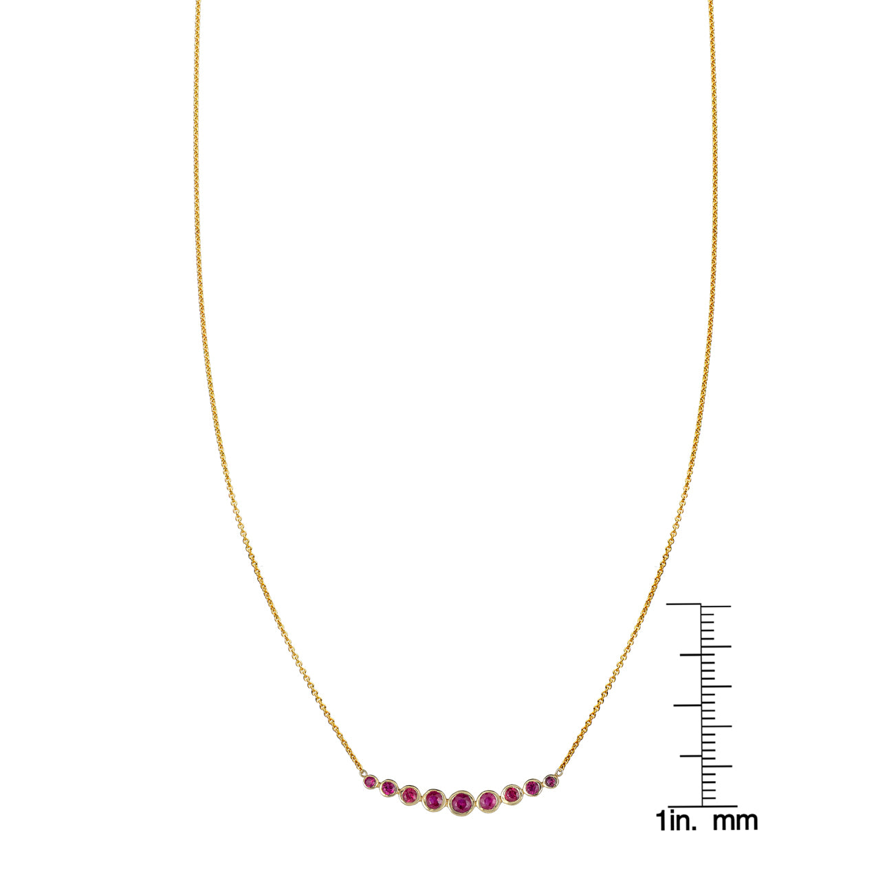 Phoenix Roze tapered ruby arch necklace in 14k gold, delicate arc of vivid red gems
