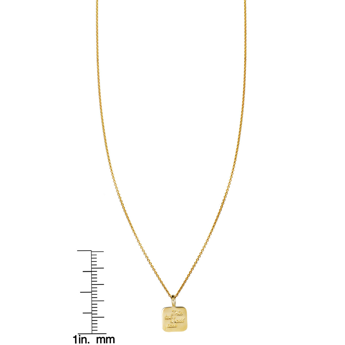 This Too Shall Pass gold charm necklace with engraved pendant on delicate chain by Phoenix Roze