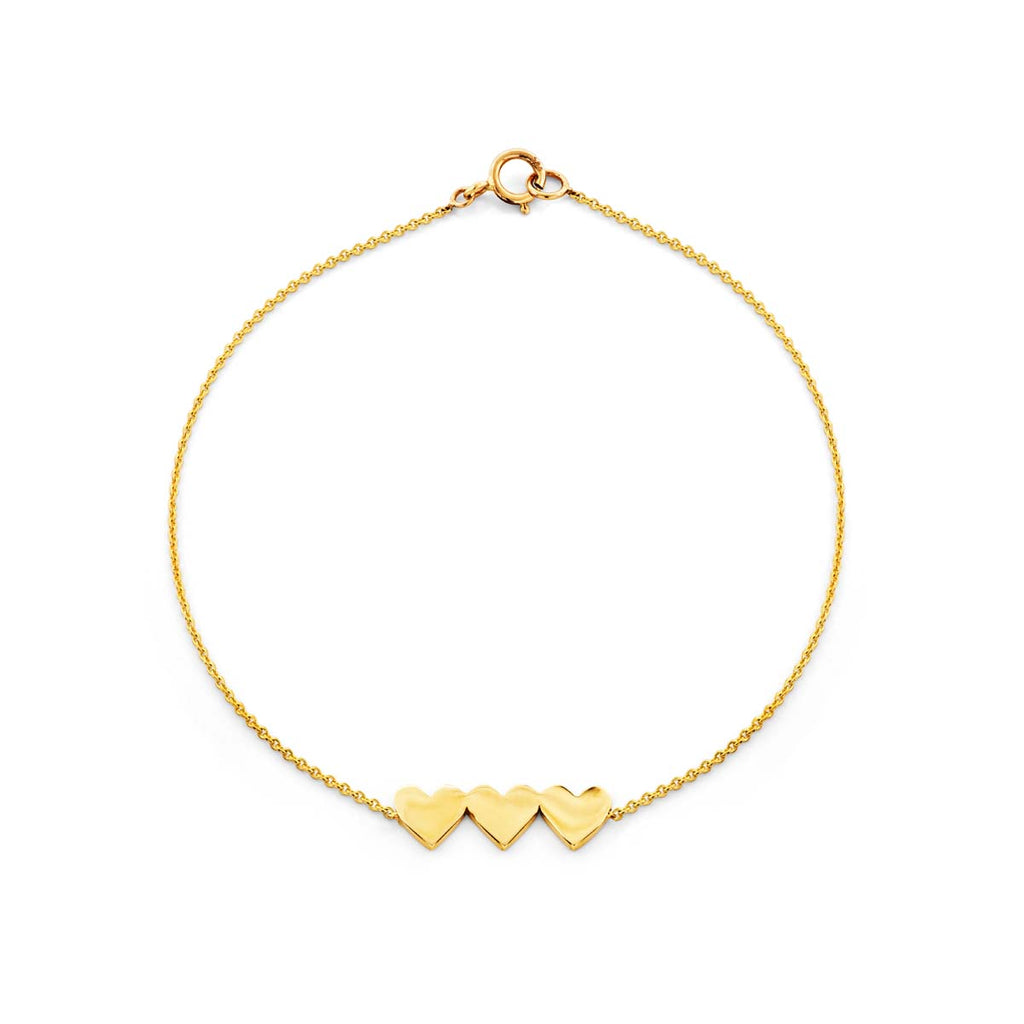 14k gold bracelet with three connected hearts in yellow, white or rose; 6.75in, handcrafted in NYC—romantic gift.
