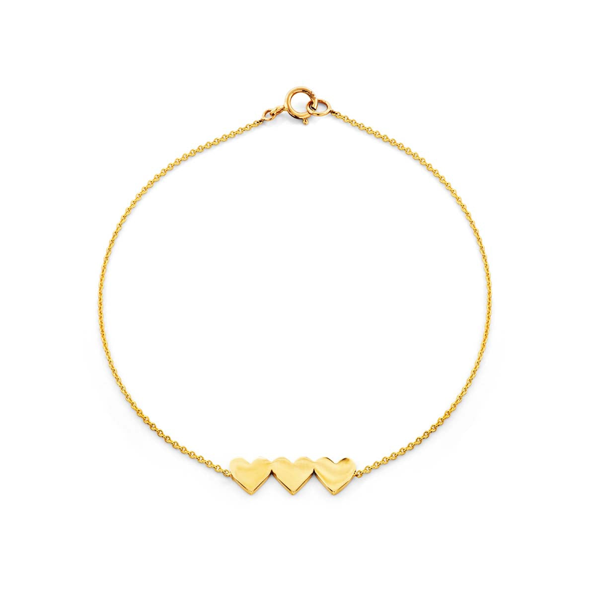 14k gold bracelet with three connected hearts in yellow, white or rose; 6.75in, handcrafted in NYC—romantic gift.