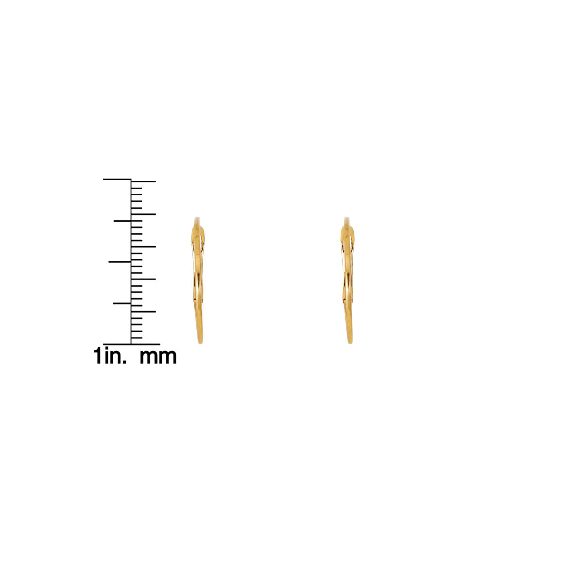 Three-quarters inch skinny gold hoop earrings beside a ruler for size reference