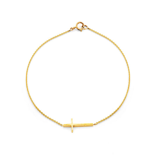 Minimalist 14K yellow gold sideways cross bracelet, 6.75-inch chain with spring ring clasp, handcrafted in NYC