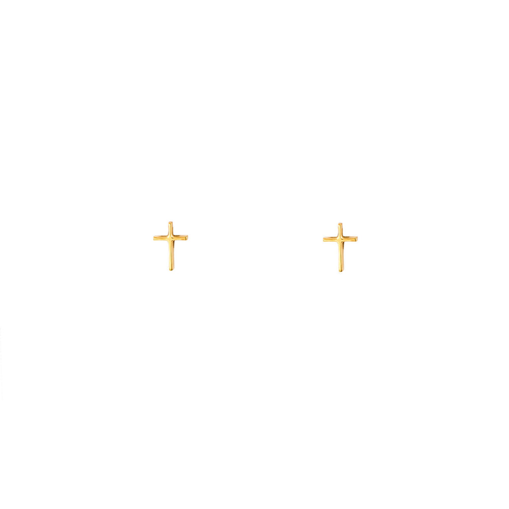 Phoenix Roze tiny 14k gold cross stud earrings - minimalist faith jewelry in yellow, white & rose gold.