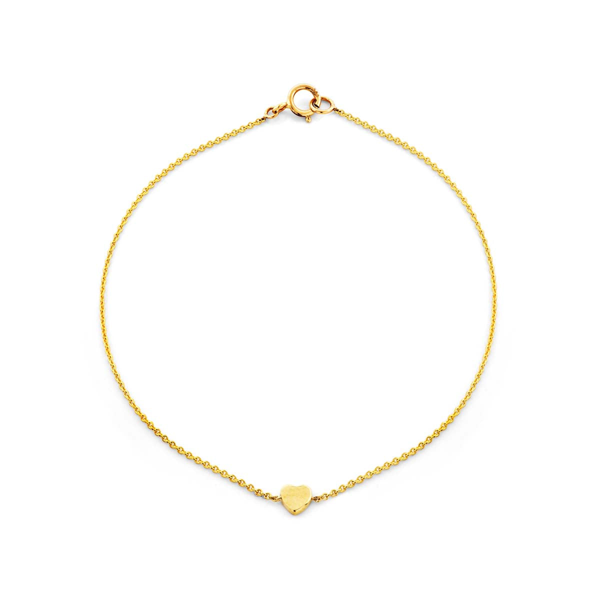 Tiny gold heart bracelet on a delicate 14k gold chain, available in yellow, white, or rose, handcrafted in NYC