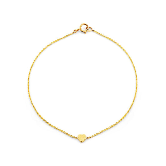 Tiny gold heart bracelet on a delicate 14k gold chain, available in yellow, white, or rose, handcrafted in NYC