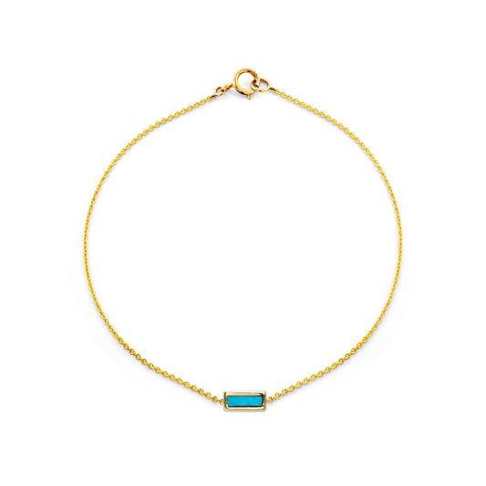 Phoenix Roze solid 14k gold turquoise bar bracelet, tiny rectangle inlay, 6.75in chain, handcrafted in NYC