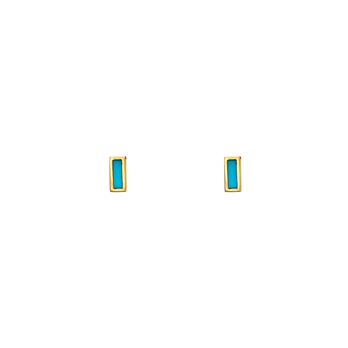 Delicate 6mm turquoise inlay rectangle bar earrings in 14k gold, minimalist pair for everyday wear, rose, white or yellow gold.