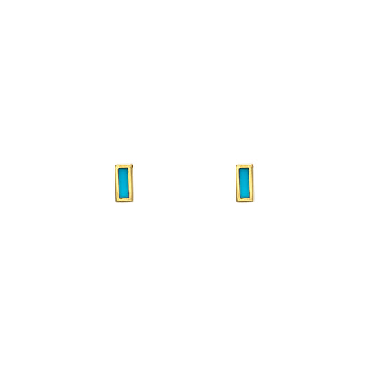 Delicate 6mm turquoise inlay rectangle bar earrings in 14k gold, minimalist pair for everyday wear, rose, white or yellow gold.