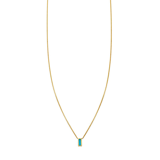 Tiny turquoise inlay rectangle bar necklace in solid 14k gold, minimalist everyday jewelry by Phoenix Roze