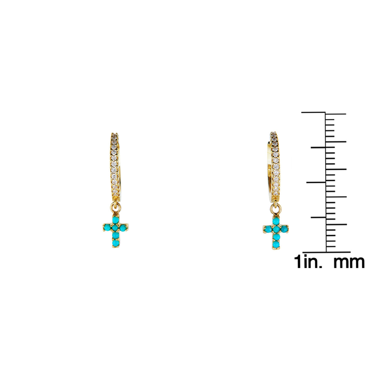 Tiny turquoise cross and diamond hoop earrings by Phoenix Roze