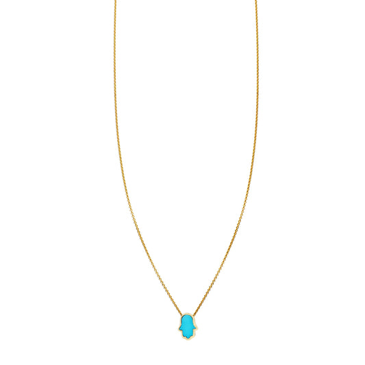 Tiny turquoise inlaid Hamsa hand necklace in solid 14k gold, customizable in yellow, rose, or white gold