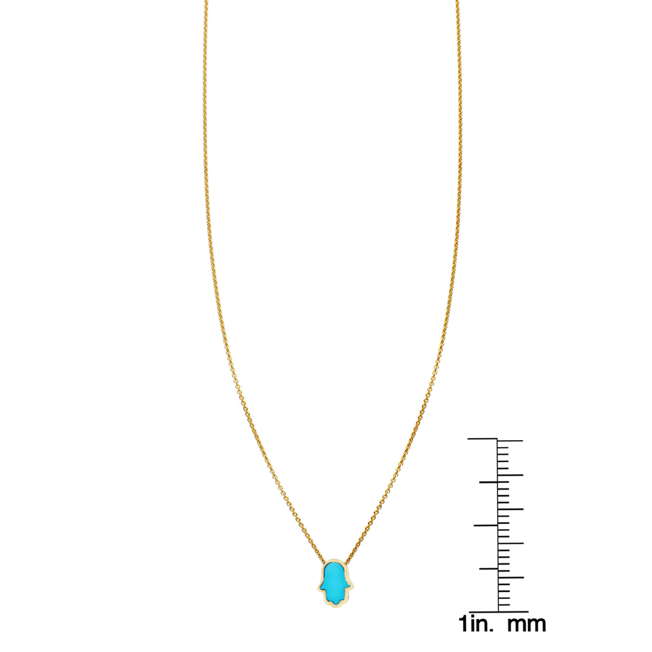 Tiny turquoise-inlaid Hamsa hand pendant necklace in gold by Phoenix Roze, delicate protective charm.