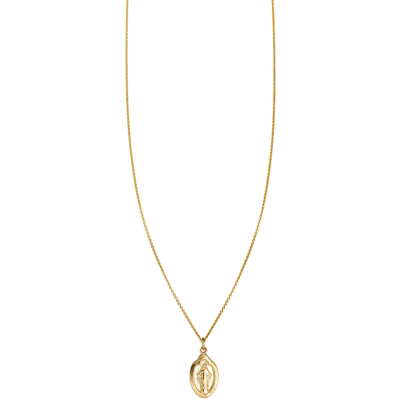 Tiny 14k gold Virgin Mary charm necklace in rose, yellow, or white gold—meaningful baptism, confirmation, wedding gift