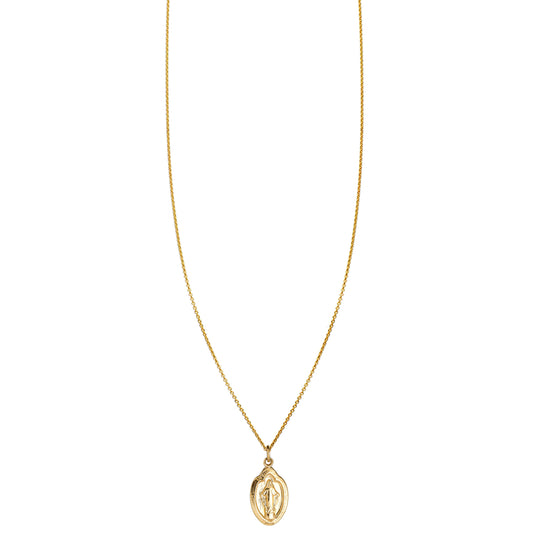 Tiny 14k gold Virgin Mary charm necklace in rose, yellow, or white gold—meaningful baptism, confirmation, wedding gift