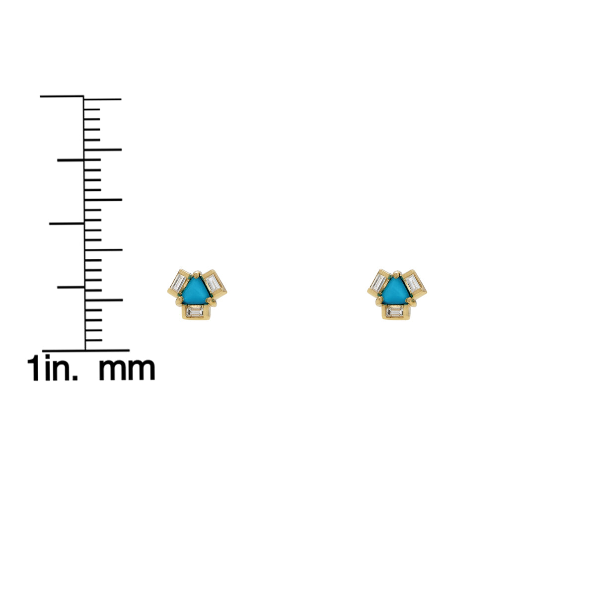 Geometric triangle turquoise and baguette diamond earrings in 14k gold fine jewelry by Phoenix Roze
