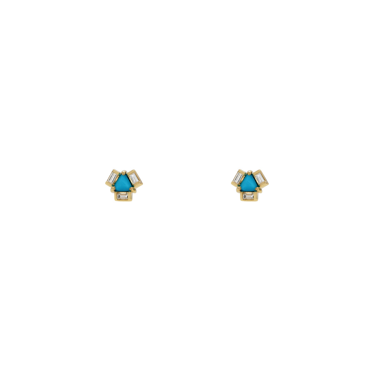 Triangle turquoise and baguette diamond stud earrings in 18k gold—chic December birthstone gift.