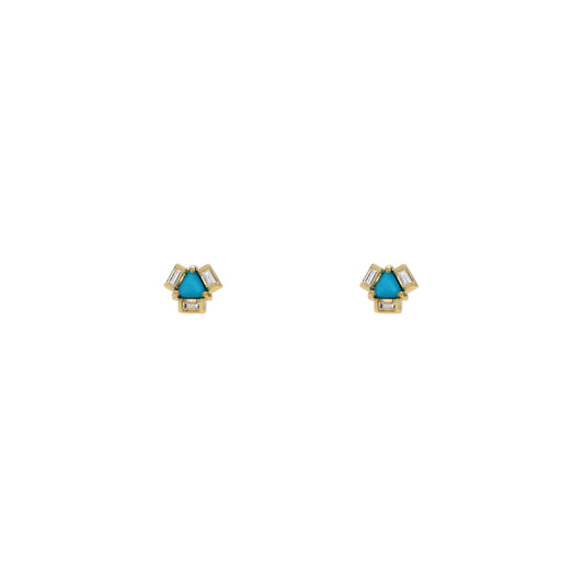 Triangle turquoise and baguette diamond stud earrings in 18k gold—chic December birthstone gift.