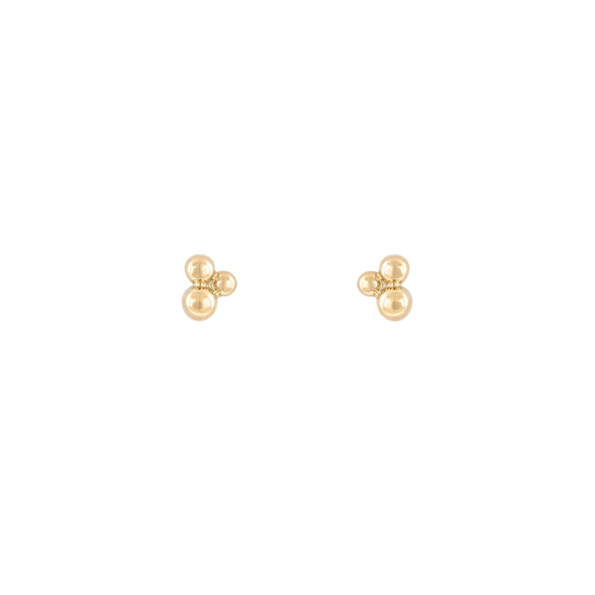 Phoenix Roze Triple Bubble gold stud earrings in 14k yellow, white, or rose gold—three polished spheres catching the light