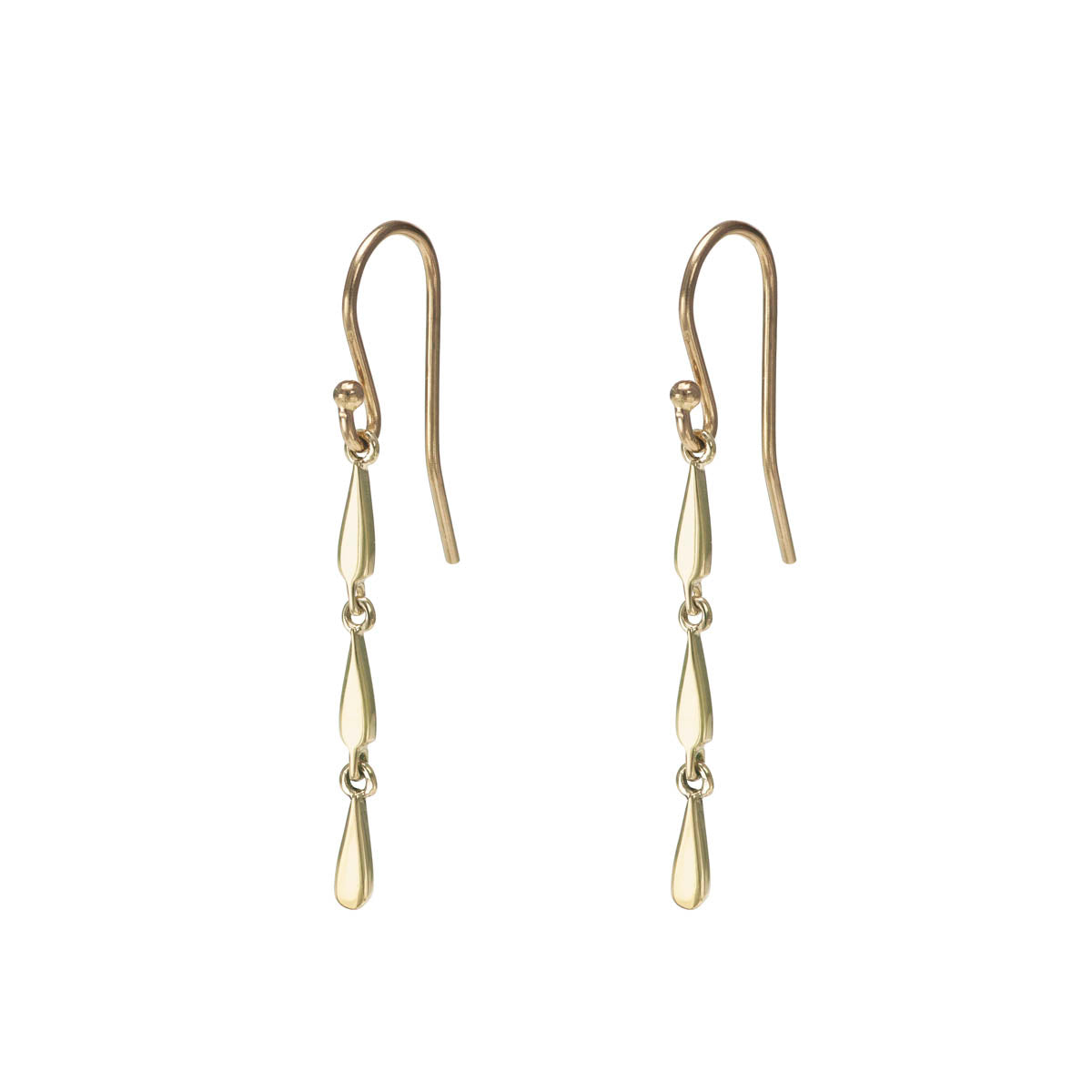 Triple drip-drop 14k gold earrings, 1.5x21mm, elegant statement; also available in single and double drops.