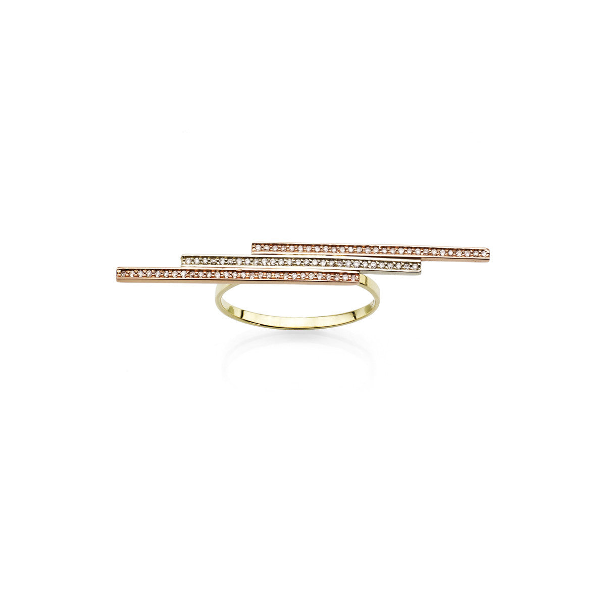 Triple gold bar ring with diamond pavé in 14k yellow, white, and rose gold; modern stacked design, handcrafted in NYC