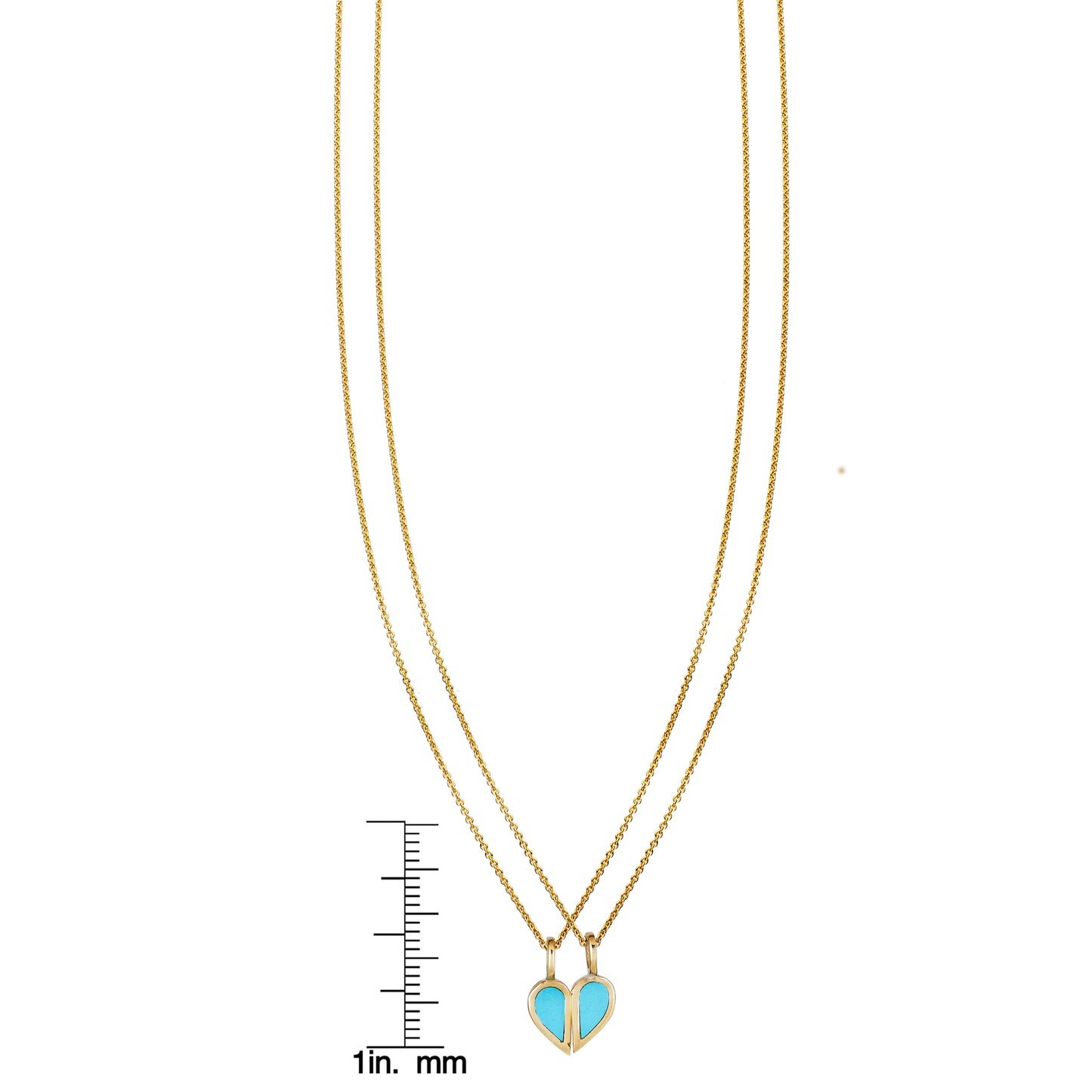 turquoise best friends split heart gold necklace with ruler