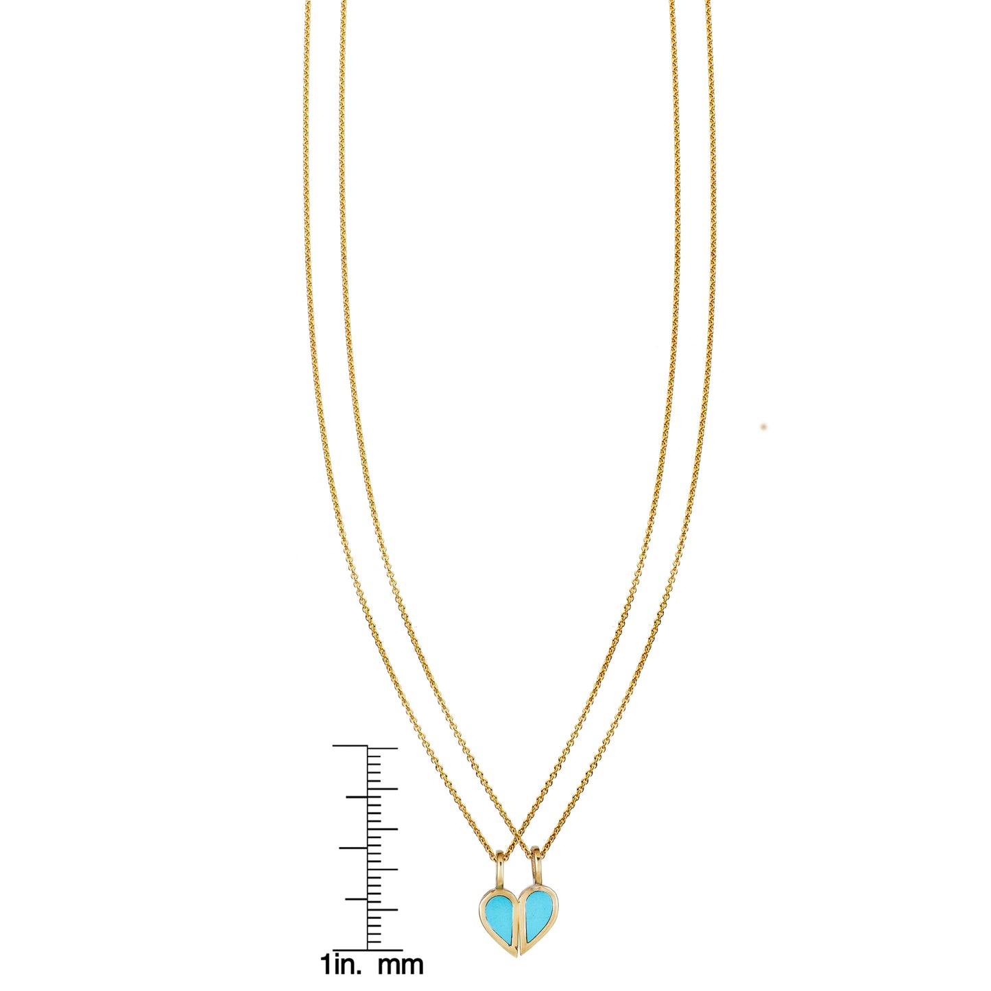 Turquoise best friends split heart gold necklace with ruler for scale - Phoenix Roze friendship jewelry
