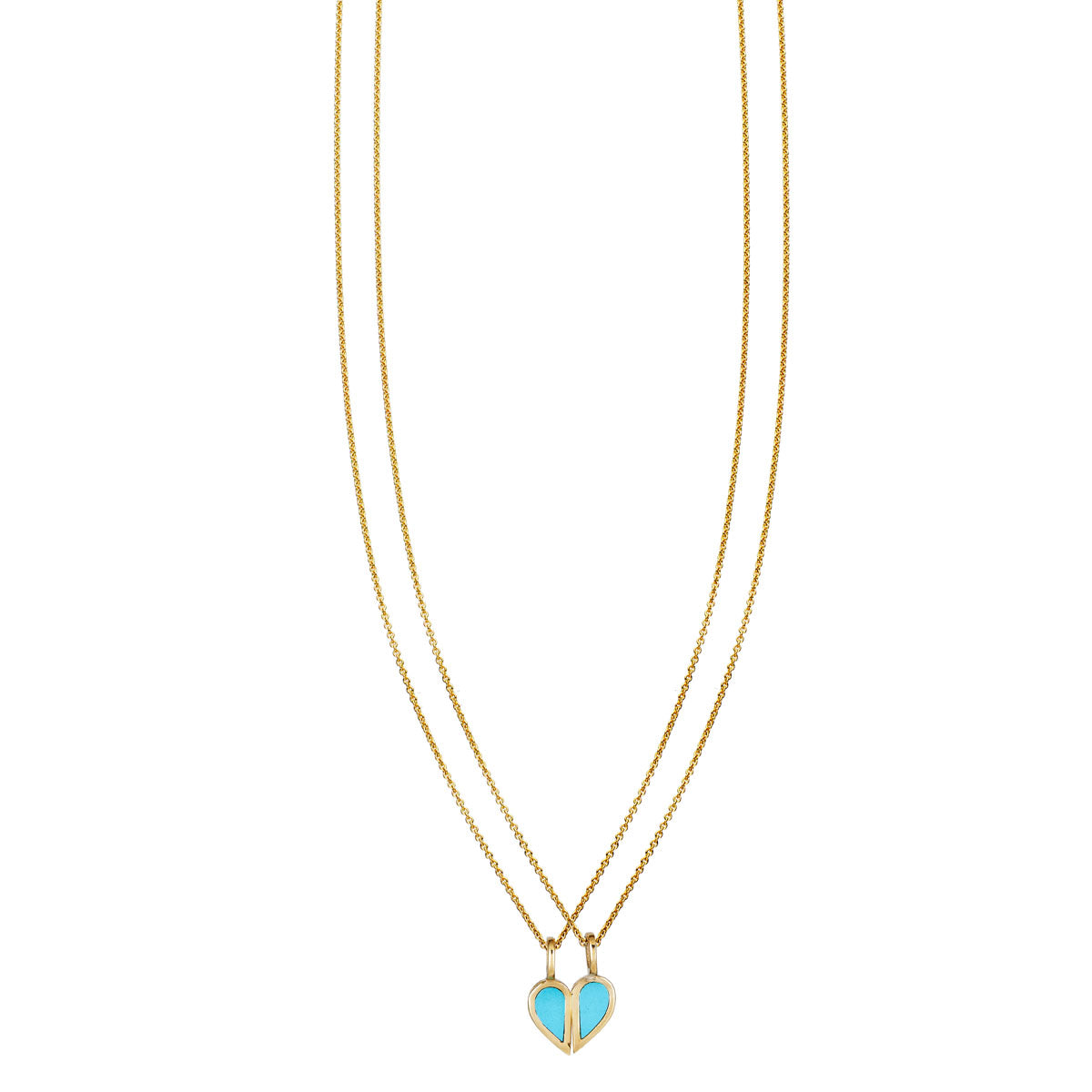 Solid 14K gold best friends split turquoise heart necklace pair - two matching halves to share, always together even apart