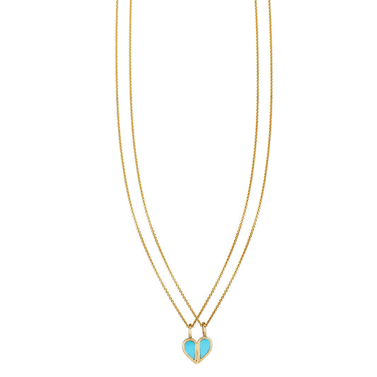 Solid 14K gold best friends split turquoise heart necklace pair - two matching halves to share, always together even apart
