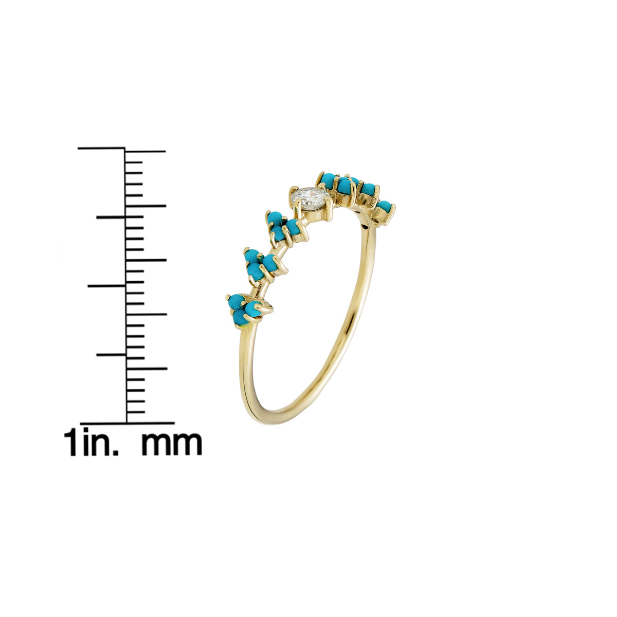 Turquoise and diamond laurel ring in yellow gold by Phoenix Roze, delicate leaf band close-up