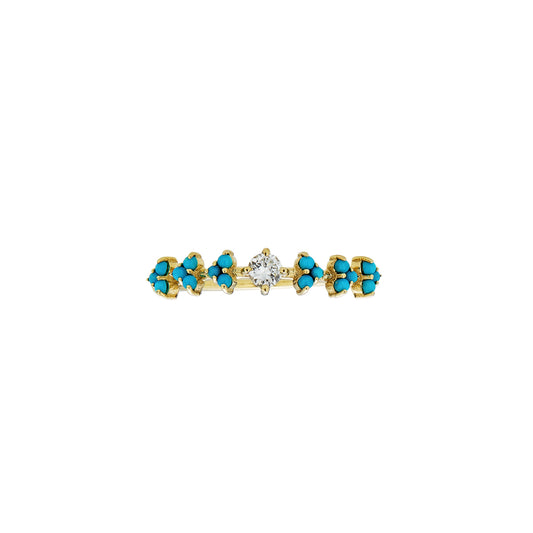 Turquoise diamond laurel ring in 14k gold with 0.10ct round center diamond and 18 turquoise stones